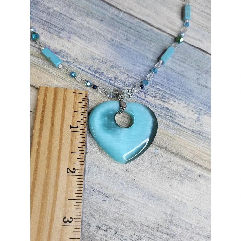 Teal Blue Cat's Eye Heart Crystal‎ Beads Toggle Clasp Necklace Turquoise 20